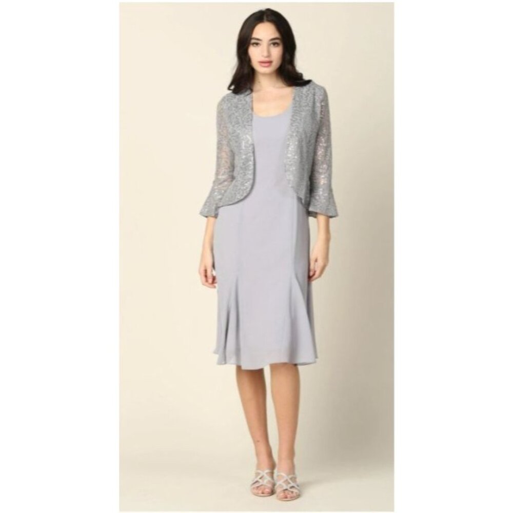 eva Elegant Gray Chiffon Dress Sequined Jacket Set  Womens Size large Formal